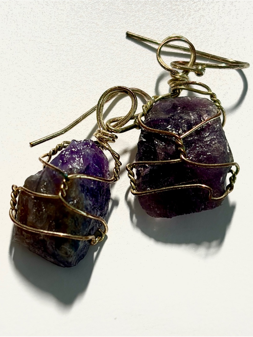 Handcrafted Gold Wire Wrapped Amethyst Drop Earrings - Purple